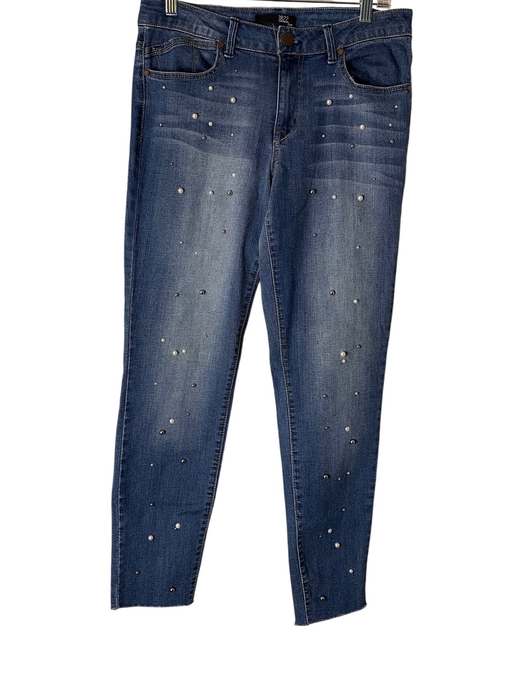 1822 Denim Dark Blue Skinny Jeans with Pearl & Stud Accents, Sz 10